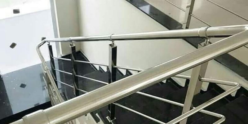 Staircase with stainless steel handrails